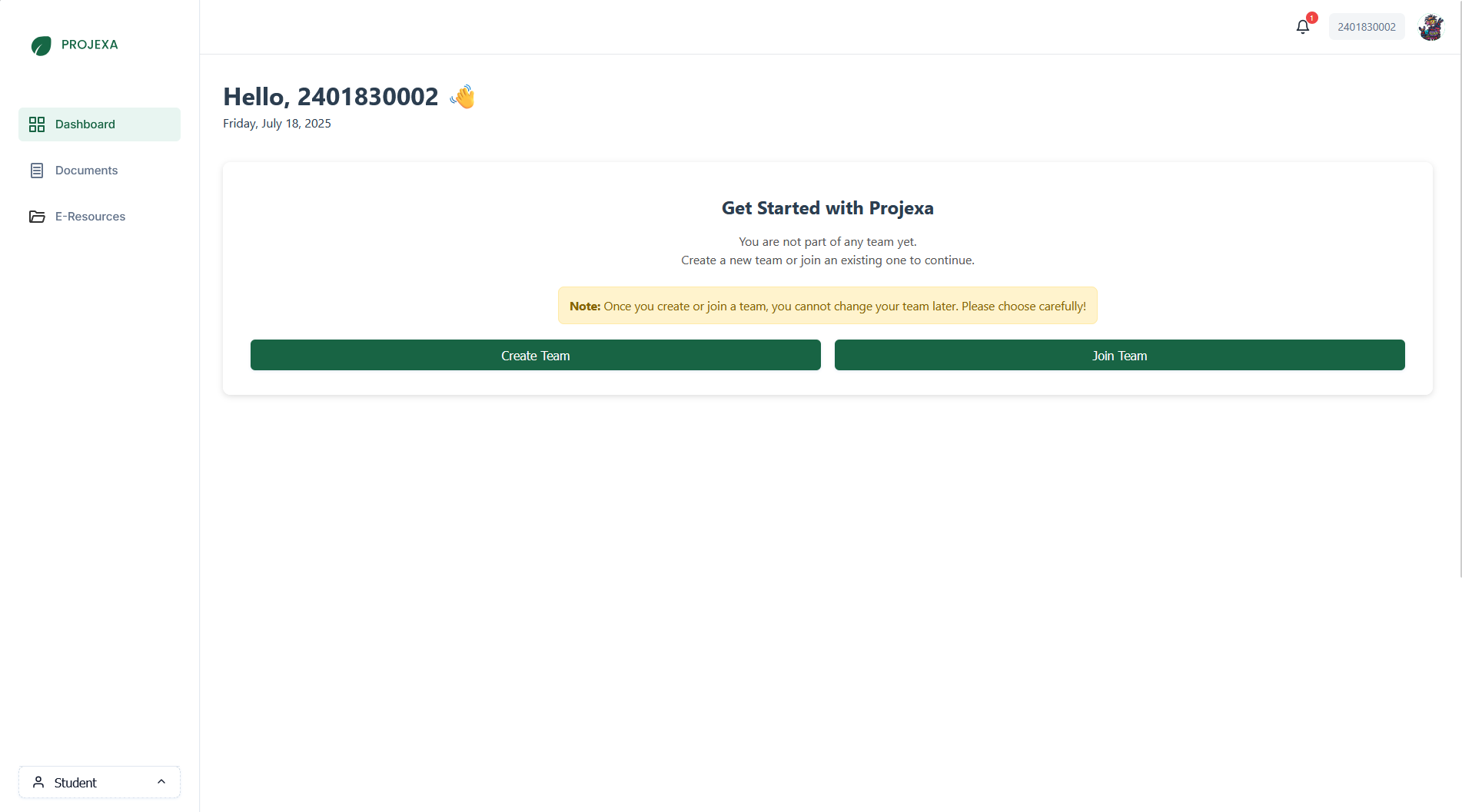 Student Dashboard - Join Team Button