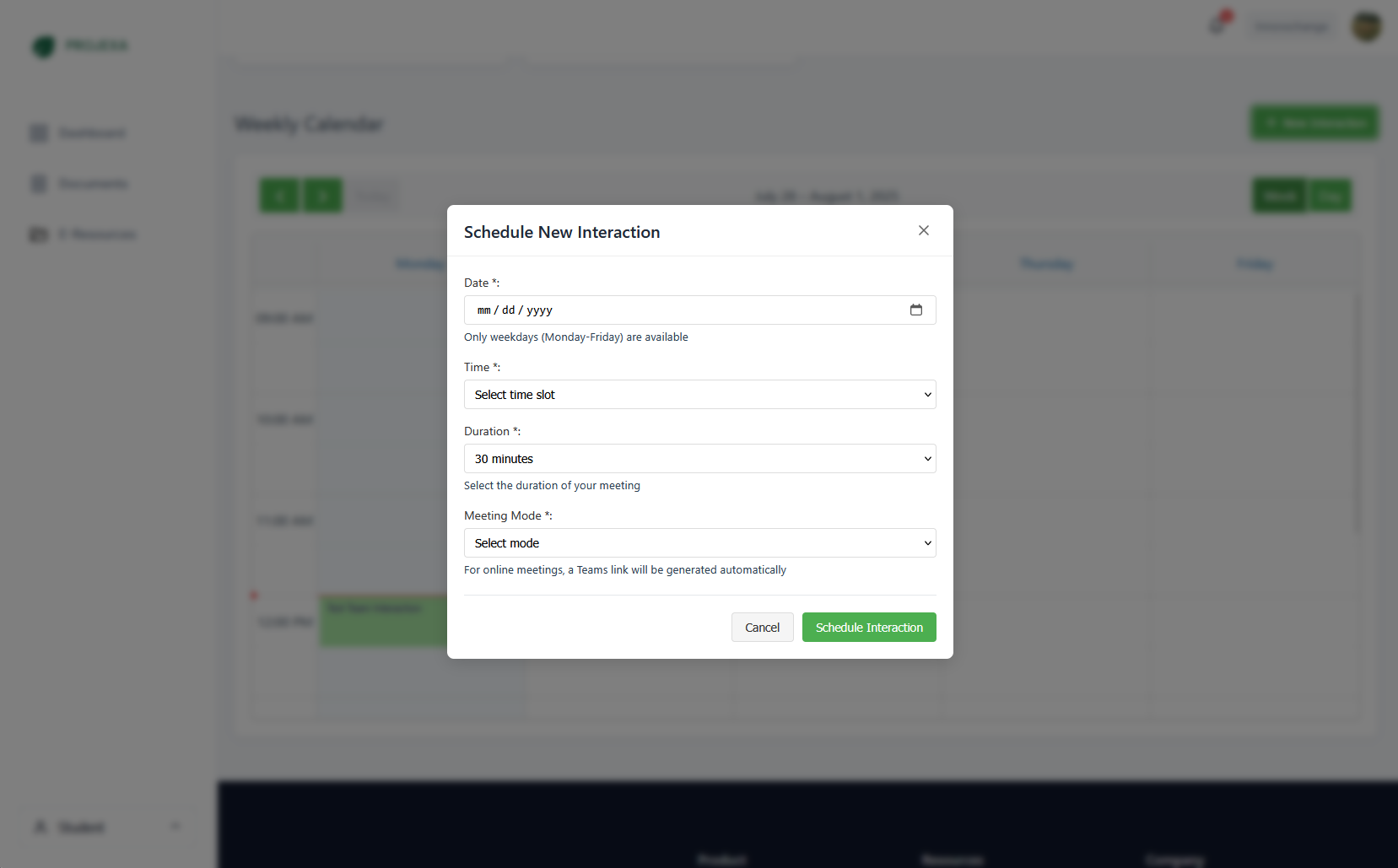 Schedule Interaction Form (Student View)